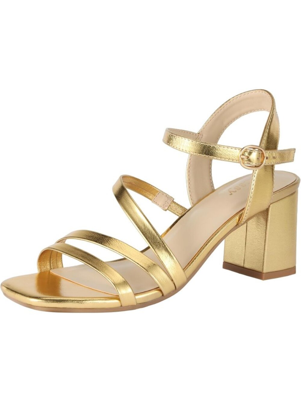Women's Gold Square Open Toe Chunky Block Strappy Heeled Sandals For Wedding